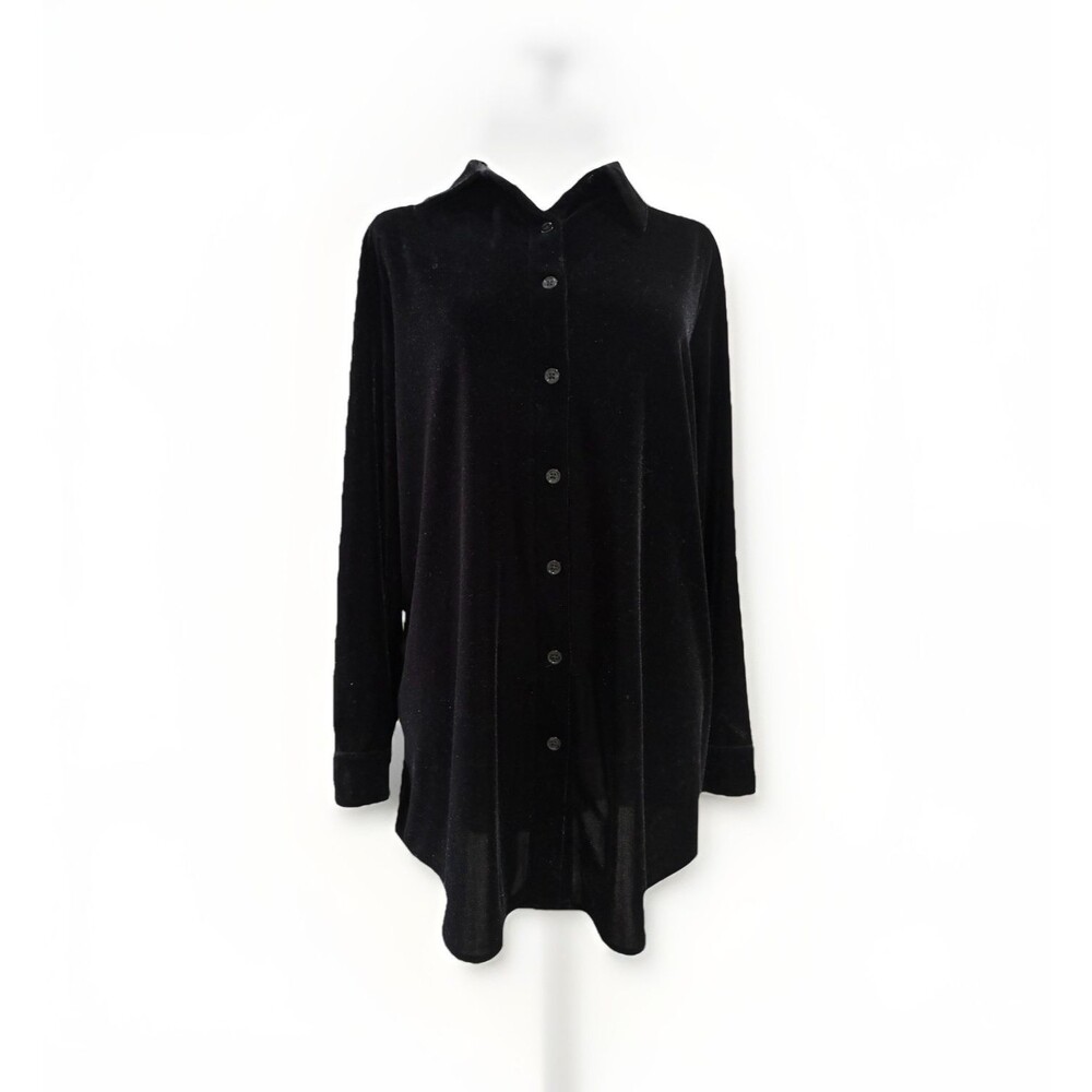 Soft Surroundings Velvet Tunic Top Blouse Black Size Medium Button Front LS
